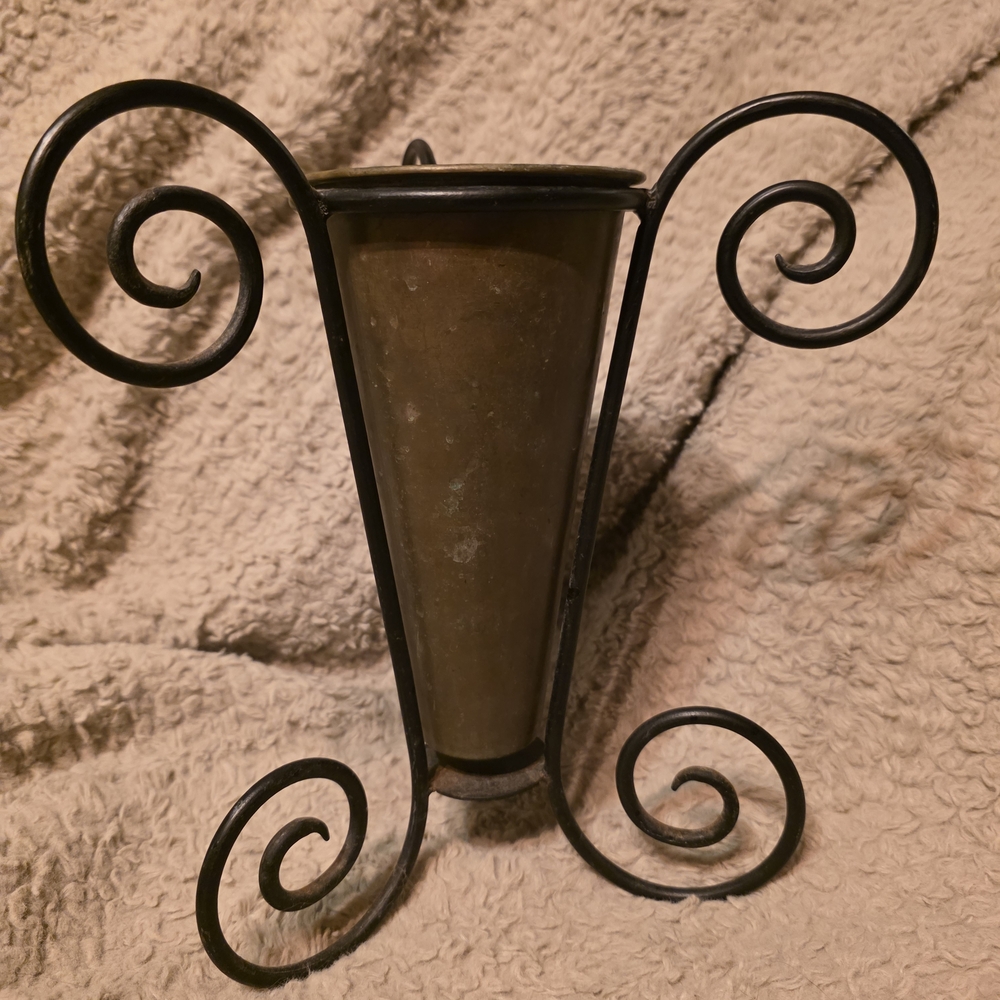 Rustic Metal Vase – Black Scroll Iron w/solid Bronze Cone | Farmhouse Decor